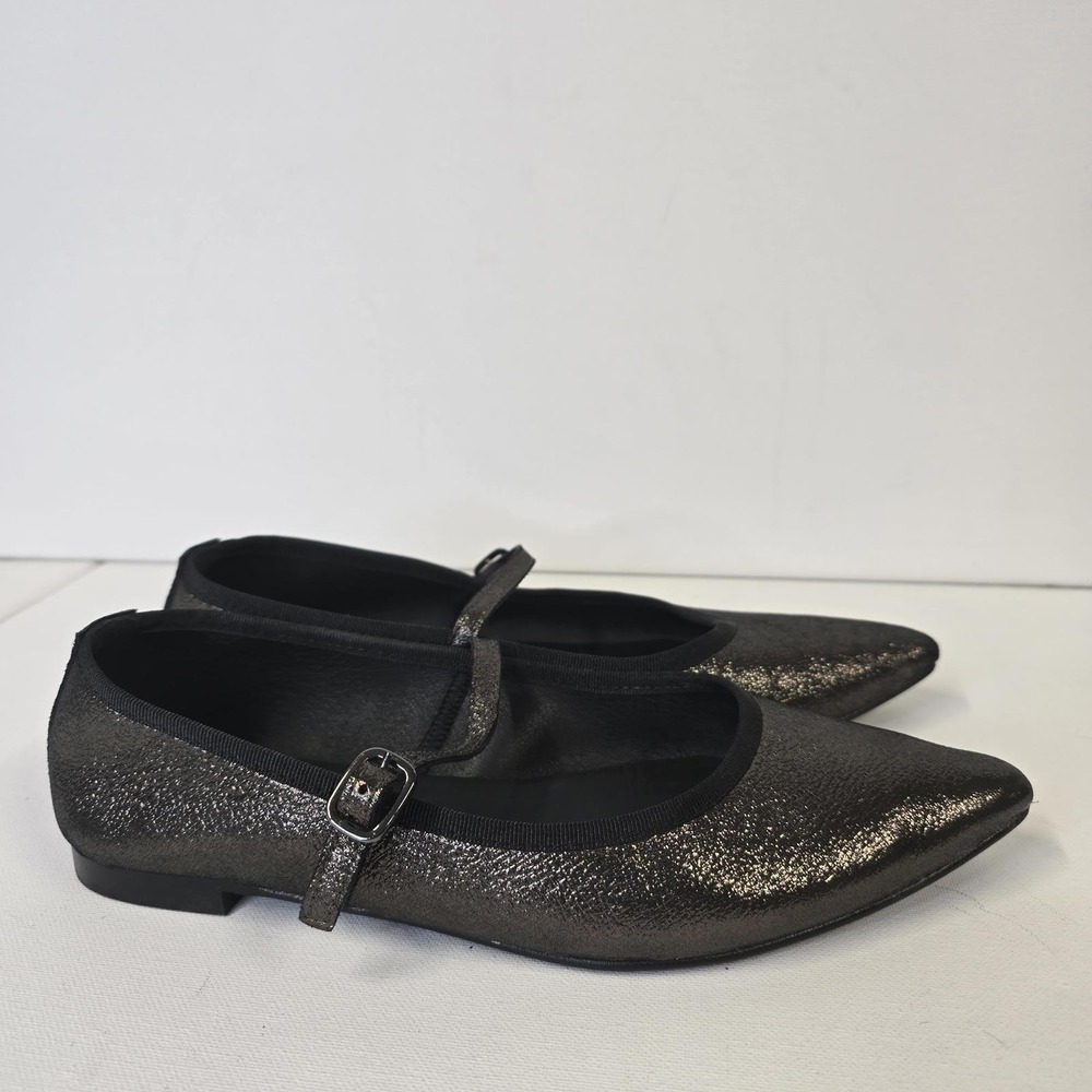 Maypol Womens Metallic Pewter Leather Pointed Toe Mary Jane Ballet Flats Size 38 - Picture 4 of 4